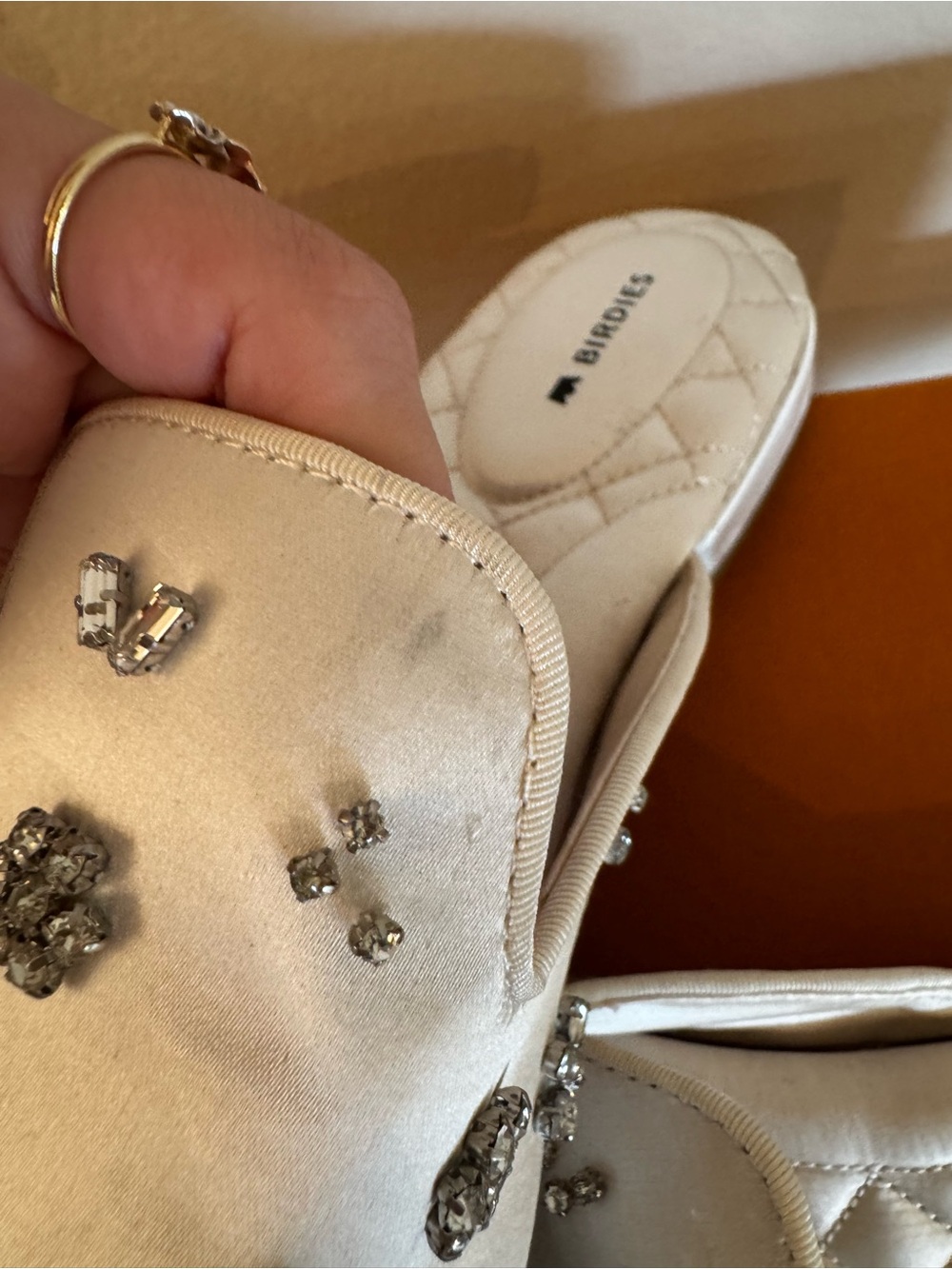 Birdies Women's White Jeweled Satin Mules - Picture 8 of 13